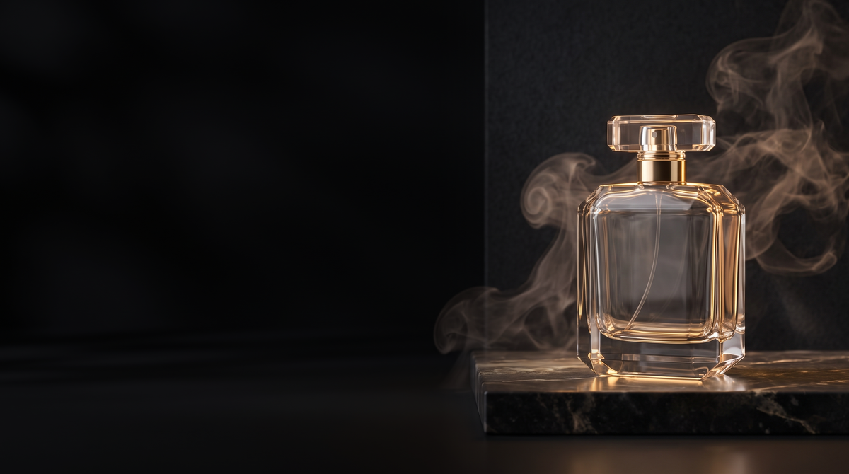 Luxury fragrance bottle on dark marble with golden light - Maison Sillage hero background