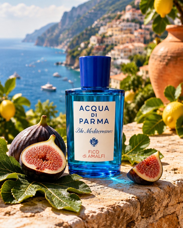Acqua di Parma Fico di Amalfi bottle with fresh figs on a stone wall above the Amalfi coast