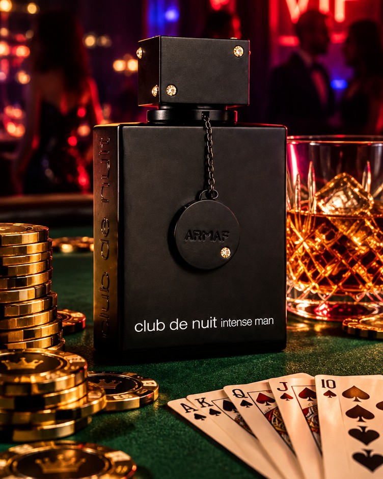 Armaf Club de Nuit Intense Man bottle in a VIP lounge with whisky and playing cards