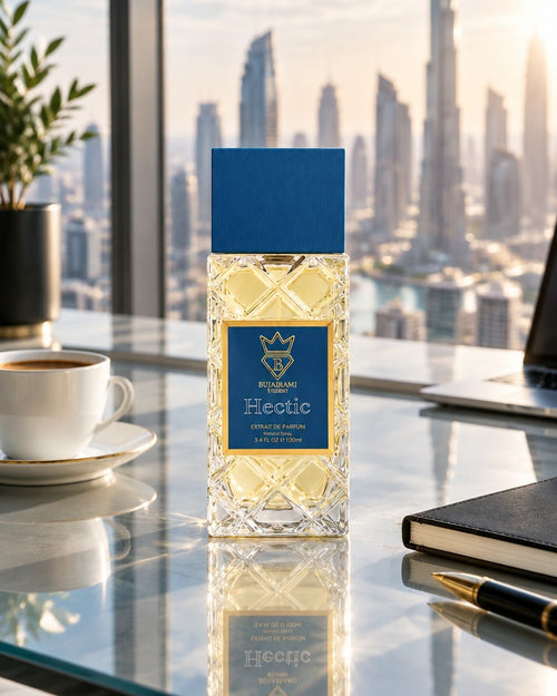 Bujairami Hectic bottle on a glass desk overlooking a city skyline