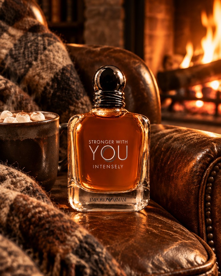Emporio Armani Stronger With You Intensely bottle on a knit throw by a crackling fireplace