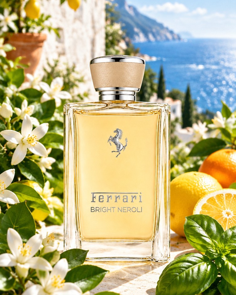 Ferrari Bright Neroli bottle with lemons, orange blossom and a Mediterranean sea view