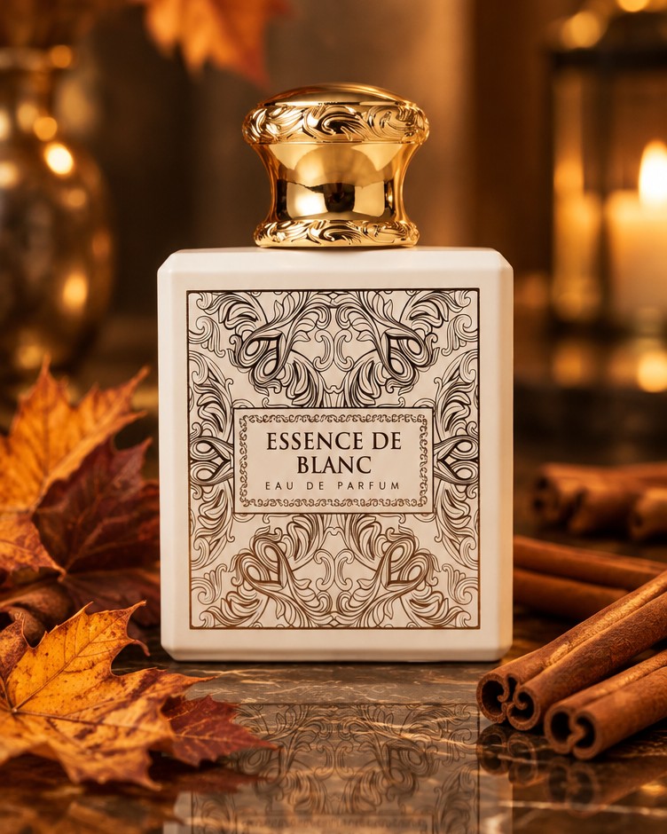 French Avenue Essence de Blanc bottle with autumn leaves and cinnamon sticks