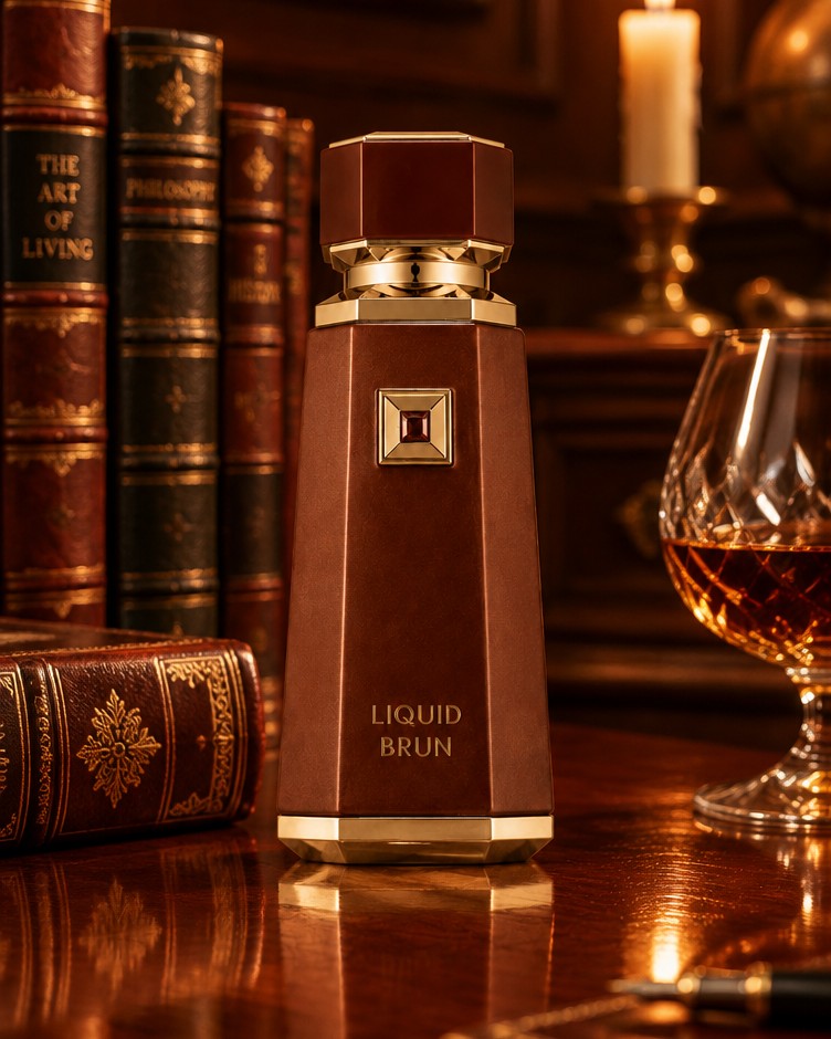 French Avenue Liquid Brun bottle in a candlelit library with cognac