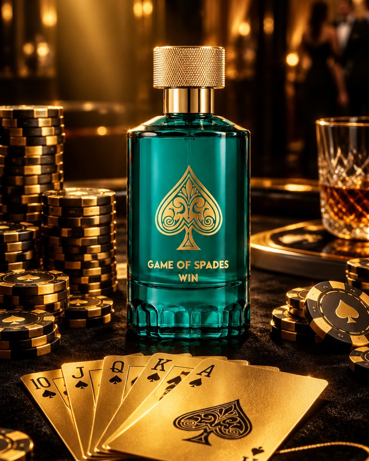 Game of Spades Win bottle on a casino table with gold playing cards and chips