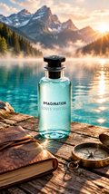 Louis Vuitton Imagination bottle on a wooden dock by a mountain lake at sunrise
