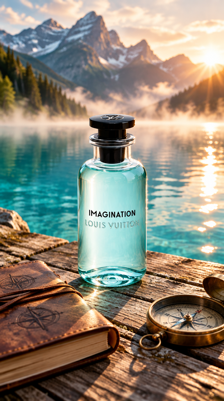 Louis Vuitton Imagination bottle on a wooden dock by a mountain lake at sunrise