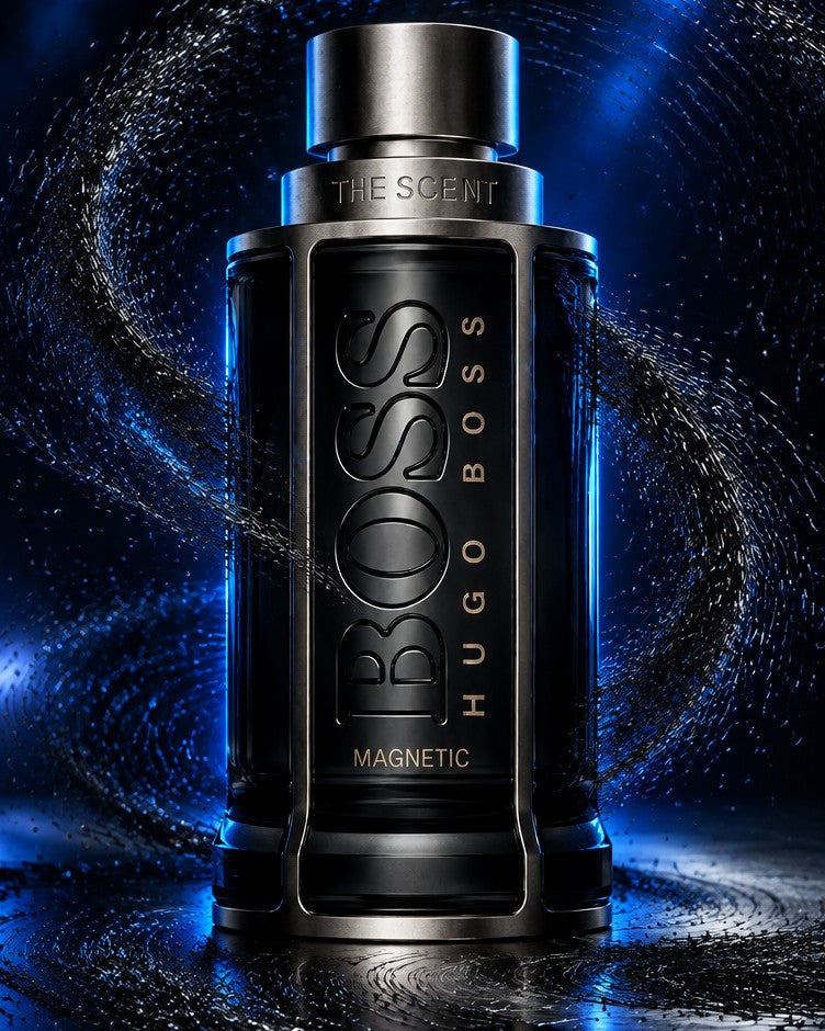 Hugo Boss The Scent Magnetic bottle in a swirl of dark blue light