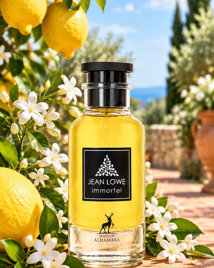 Maison Alhambra Jean Lowe Immortel bottle among lemons and white flowers in the sun