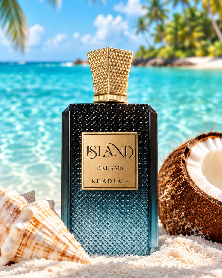Khadlaj Island Dreams bottle on a white-sand beach with coconut and turquoise water