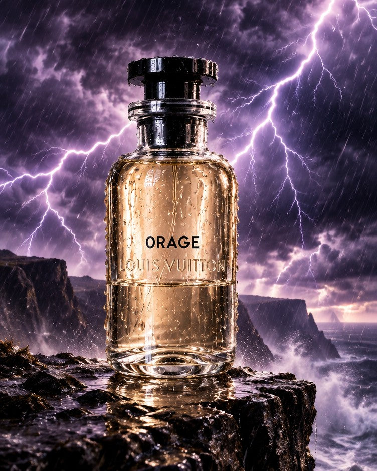 Louis Vuitton Orage bottle on a cliff edge under a lightning storm