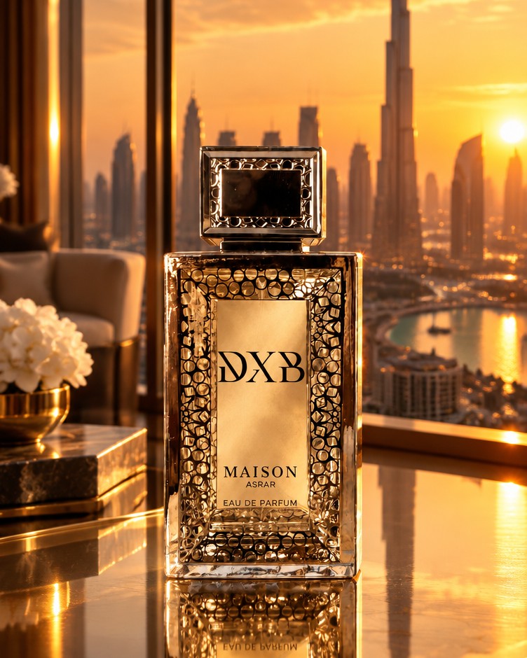 Maison Asrar DXB bottle against the Dubai skyline at golden hour