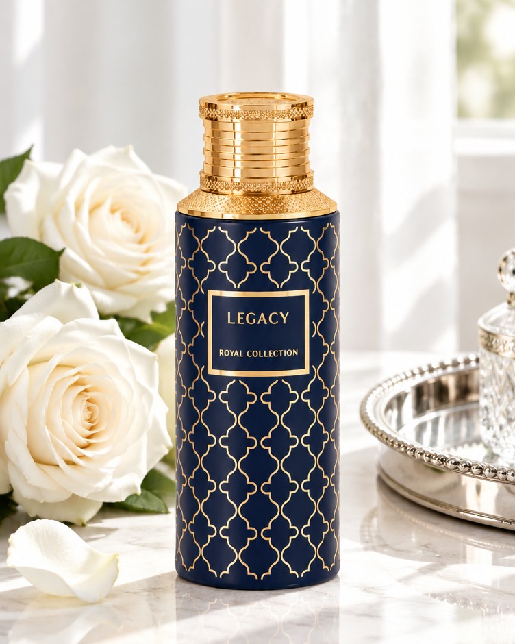 Maison Asrar Legacy bottle with white roses on a bright marble table