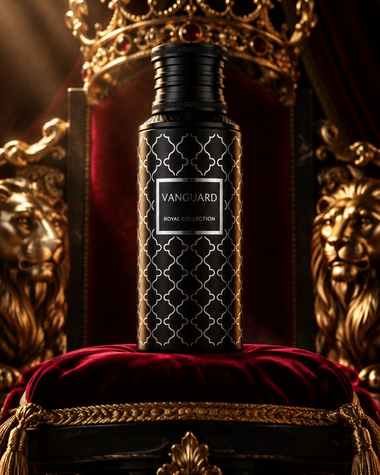 Maison Asrar Vanguard bottle on a red velvet throne beneath a gold crown