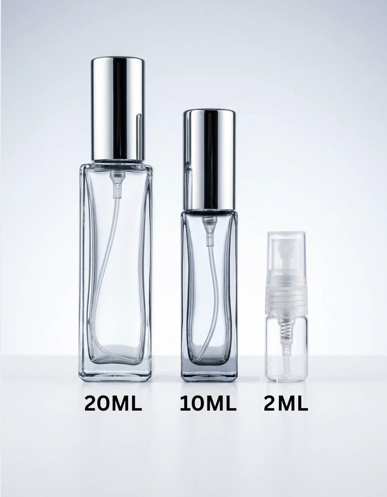 Maison Sillage Co. decant size comparison showing 2ml, 10ml and 20ml travel bottles.