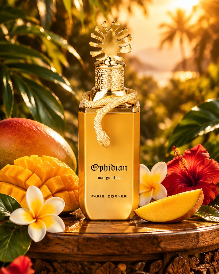 Paris Corner Ophidian Mango Bliss bottle with mangoes and tropical flowers at sunset