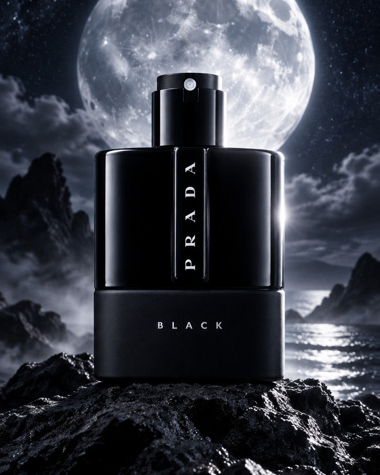 Prada Luna Rossa Black bottle on dark rock under a full moon