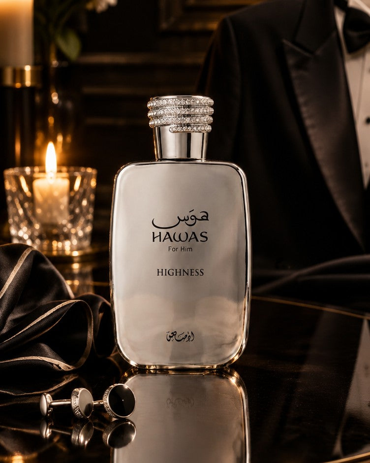 Rasasi Hawas Highness bottle beside a tuxedo jacket and candlelight