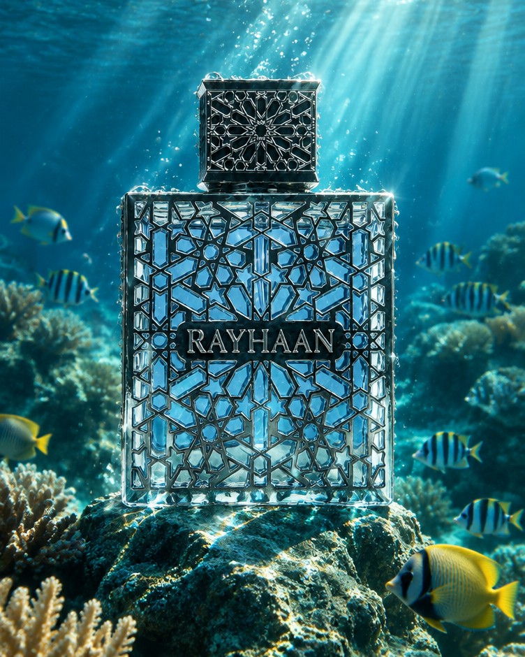 Rayhaan Aquatica bottle underwater on a coral reef in shafts of sunlight