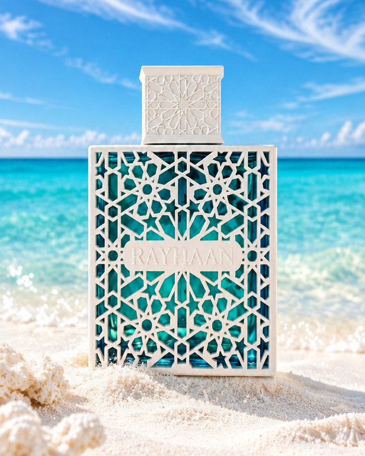 Rayhaan Azul bottle on white sand with a bright blue sky and sea