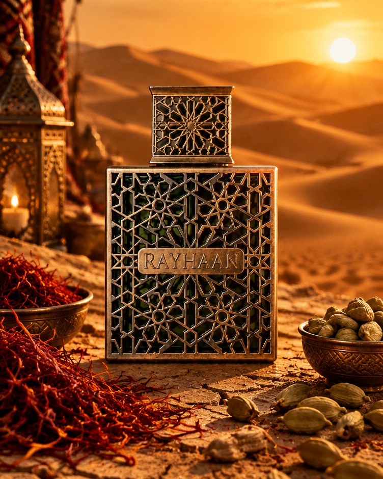 Rayhaan Terra bottle in desert sand at sunset with saffron and spices