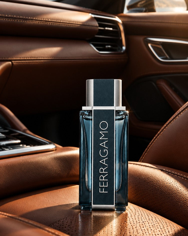 Salvatore Ferragamo Intense Leather bottle on the leather seat of a luxury car