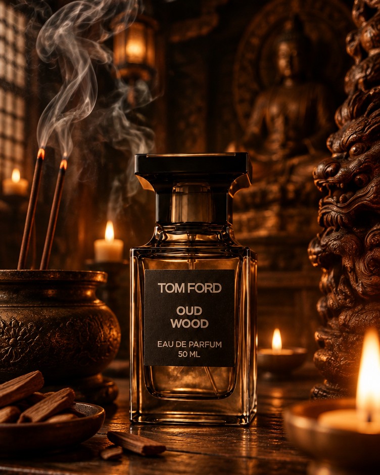 Tom Ford Oud Wood bottle among candles and incense in a warm, golden temple setting