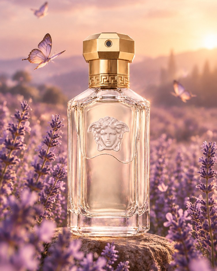 Versace The Dreamer bottle in a lavender field at sunset with butterflies
